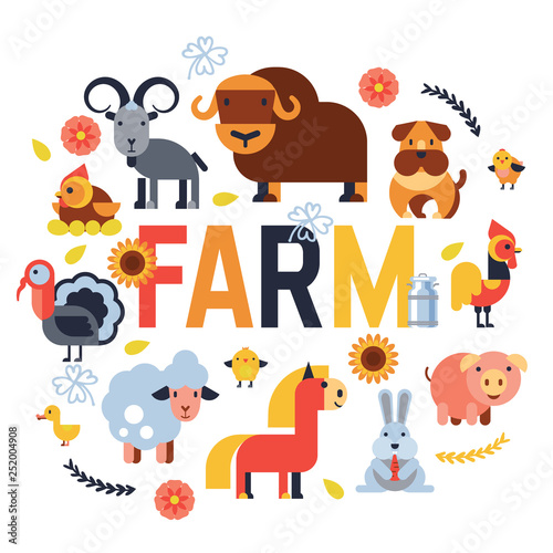 Farm animals vector set domestic farming characters cow and sheep, pig, turkey, dog, horse and cat farmer animals illustration isolated on white background