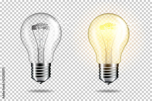 Set of transparent realistic light bulb with cogwheels, isolated. 