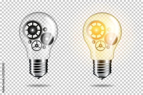 Set of transparent realistic light bulb with cogwheels, isolated. 
