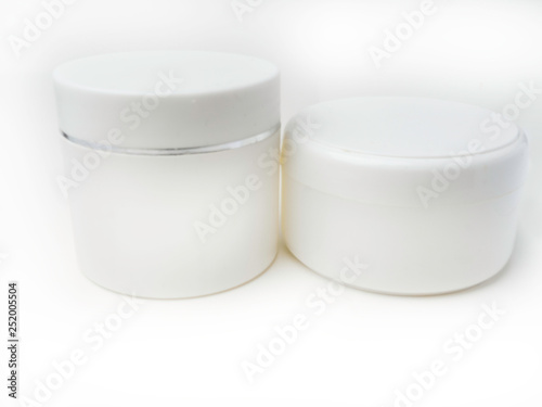 two Cosmetic Package Containers For Cream, Medicine or Gel On Isolated White Background, Ready For Design Template, Round Packagings Of Cream Jar,