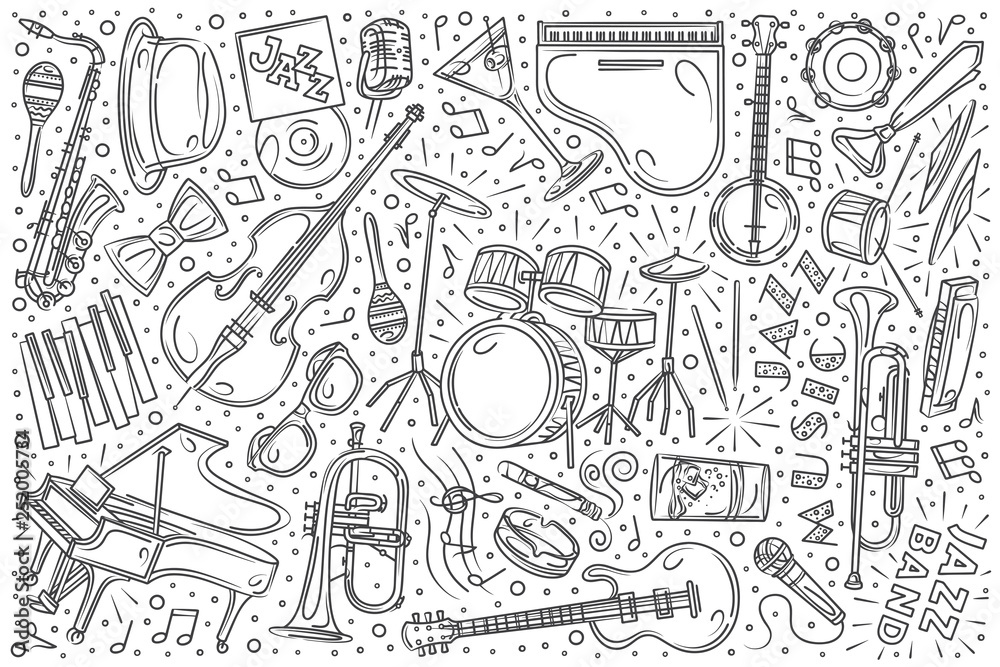 Hand drawn Jazz festival set doodle vector background Hand drawn Jazz festival set doodle vector background