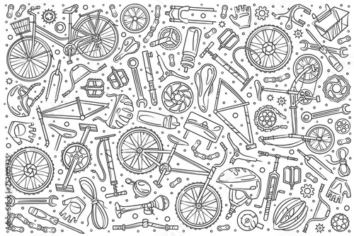 Hand drawn bicycle mechanic set doodle vector background