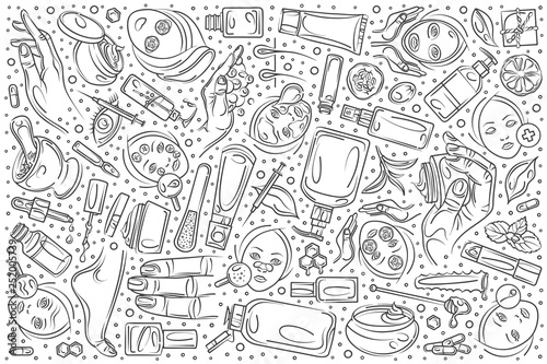 Hand drawn cosmetology set doodle vector background