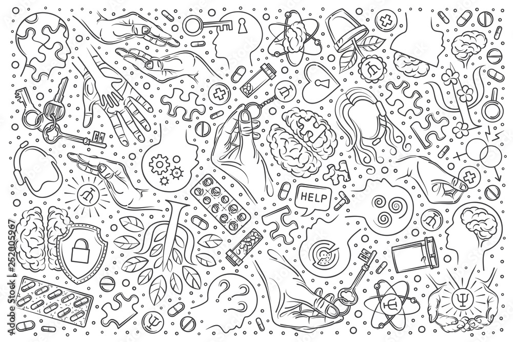 Hand drawn psychologist set doodle vector background