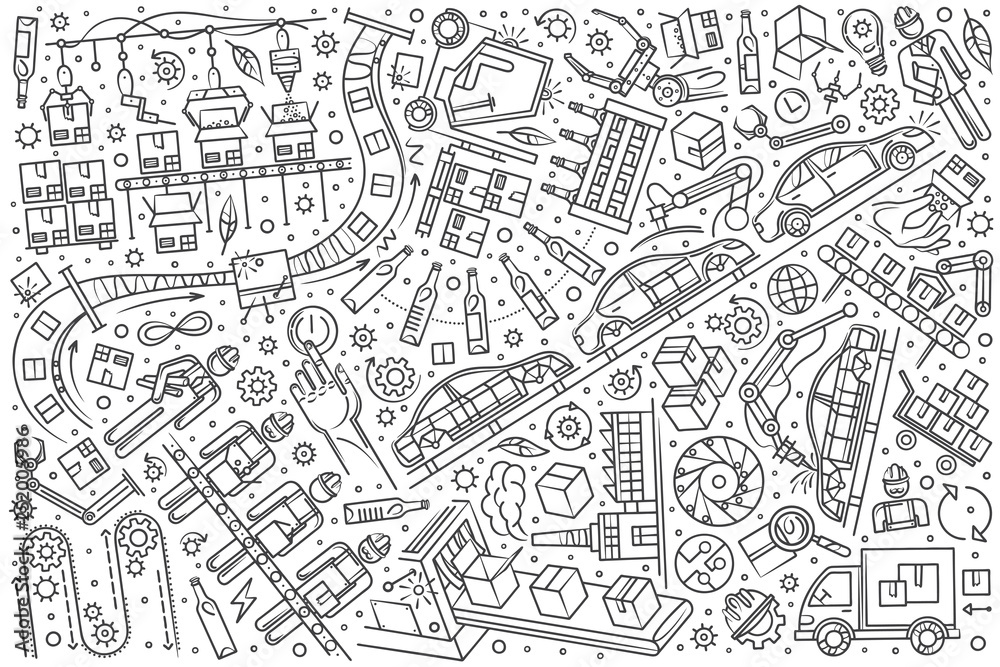 Hand drawn production line set doodle vector background Hand drawn production line set doodle vector background