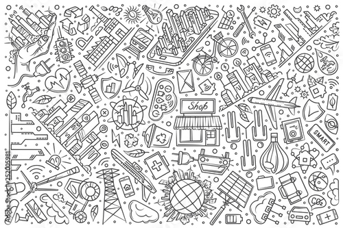 Hand drawn smart city set doodle vector background