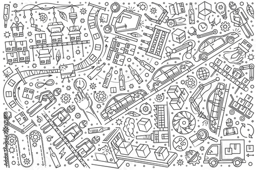 Hand drawn production line set doodle vector background