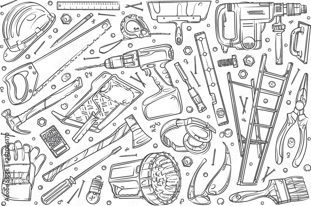 Hand drawn home repair set doodle vector background Hand drawn home repair set doodle vector background