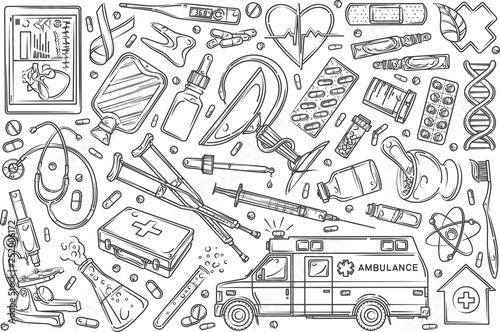 Hand drawn helthcare set doodle vector background photo