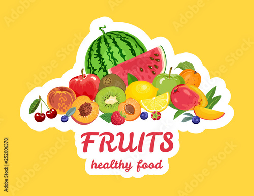 Vector banner with fruits and berries. Watermelon, peach, Apple, blueberry, raspberry, apricot, lemon, kiwi, mango, cherry. Design Healthy Food. Illustration in flat style.