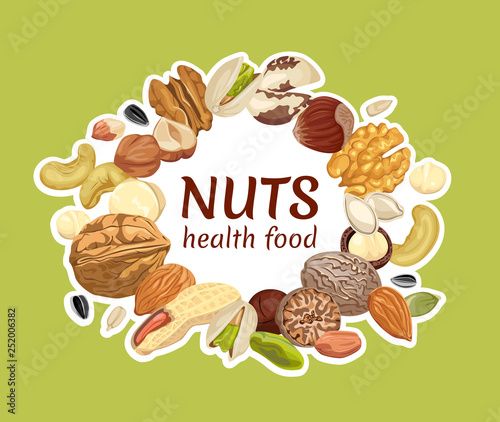 Label with nuts and seeds. Vector illustration in flat style. Cashew, hazelnut, almond, brazil nut, walnut, peanut, pistachios, macadamia, pecan, nutmeg, pumpkin seeds, sunflower seeds.