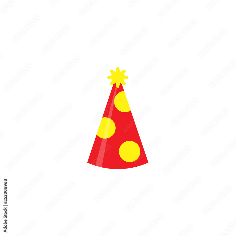 Red party hat isolated on white background. Accessory, symbol of the holiday. Birthday Colorful Cap vector illustration. Red party hat isolated on white background. Accessory, symbol of the holiday. Birthday Colorful Cap vector illustration.
