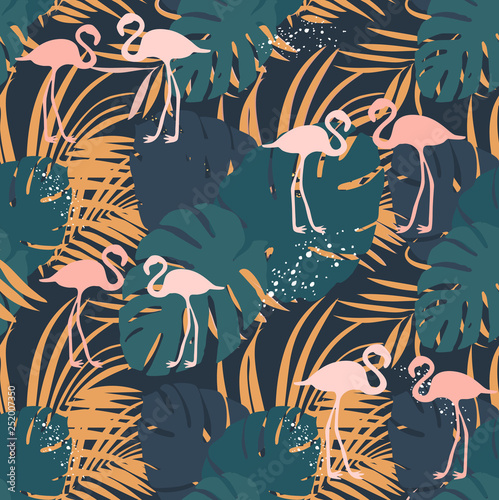 Seamless pattern with flamingo and tropical leaves