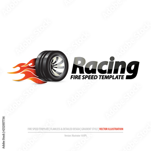 isolated logotype burning wheel, car racing concept, fire speed template on white clean blank background, flawless and detailed design, modern editable gradient style, eps10 vector illustration