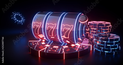 Canvas Print Futuristic Slot Machine And Casino Chips Concept With Red And Blue Neon Lights I