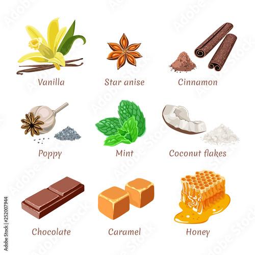 Set of vector culinary spices, seasonings, sweets. Vanilla, mint, star anise, cinnamon, coconut flakes, poppy seeds, chocolate, caramel, honey. Bright illustration in simple flat style.