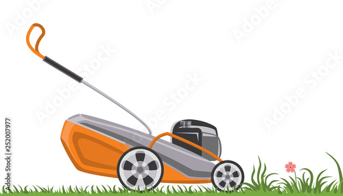 Vector lawn mower and green grass isolated on white background. Gardening grass-cutter. Illustration in flat style.