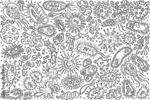 Hand drawn different bacteria and viruses.