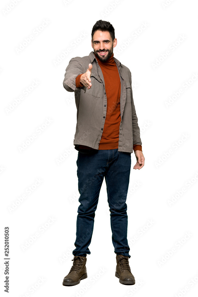 Full-length shot of Handsome man with beard shaking hands for closing a good deal on isolated white background Full-length shot of Handsome man with beard shaking hands for closing a good deal on isolated white background