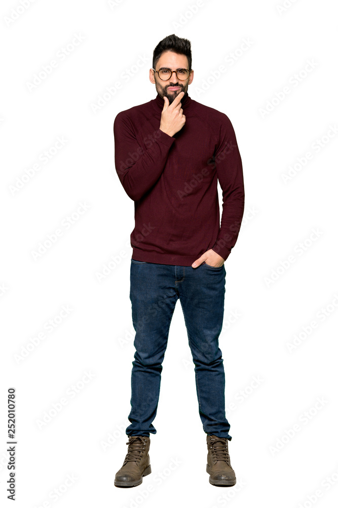 Full-length shot of Handsome man with glasses smiling and looking to the front with confident face on isolated white background Full-length shot of Handsome man with glasses smiling and looking to the front with confident face on isolated white background