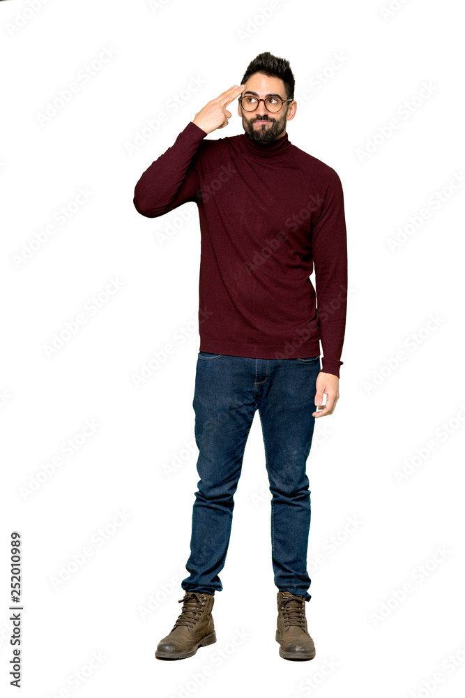 Full-length shot of Handsome man with glasses with problems making suicide gesture on isolated white background Full-length shot of Handsome man with glasses with problems making suicide gesture on isolated white background