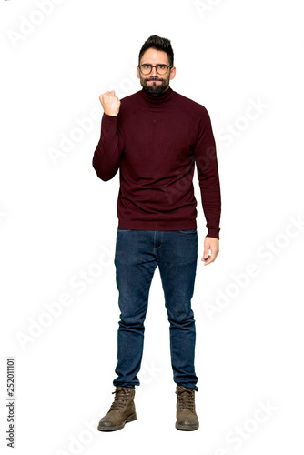 Full-length shot of Handsome man with glasses with angry gesture on isolated white background