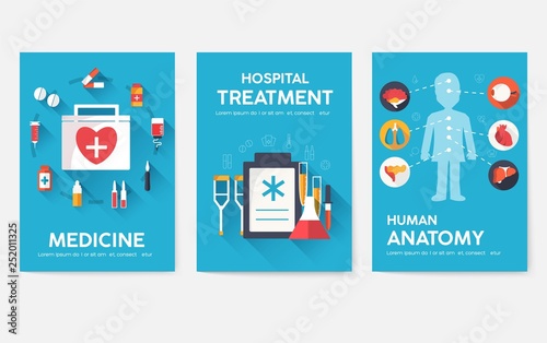 Medicine information cards set. Medical template of flyear, magazines, posters, book cover. Clinical infographic concept on blue background. Layout illustrations template pages with typography text photo