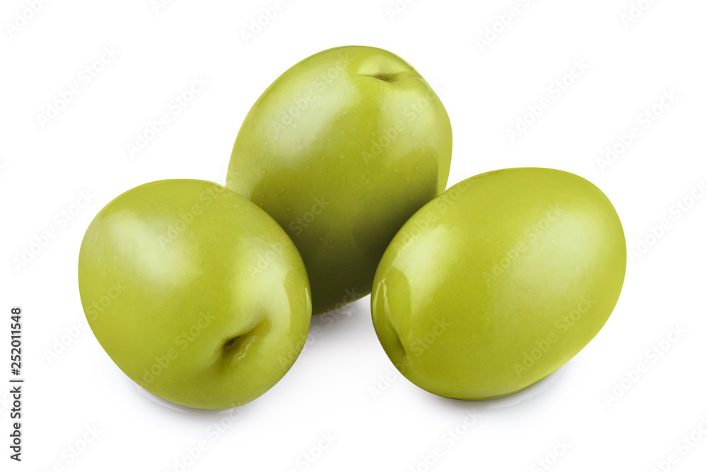Three delicious green olives, isolated on white background Three delicious green olives, isolated on white background