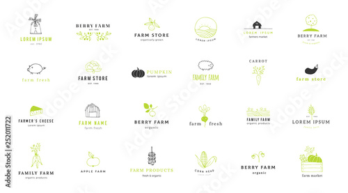 Farm logo templates set. Vector hand drawn minimal objects.