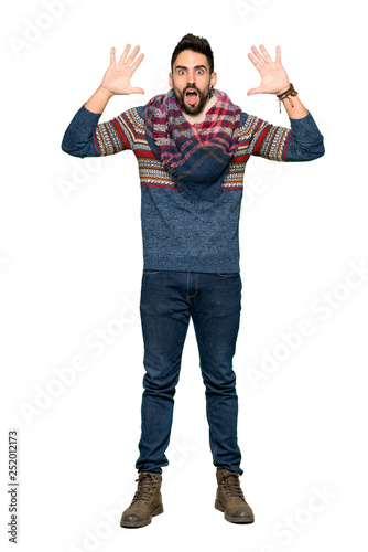 Full-length shot of Hippie man with surprise and shocked facial expression on isolated white background