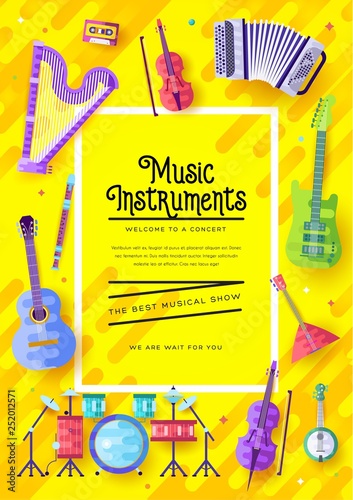 Music instruments  vector brochure cards set.  Audio tools template of flyear, magazines, poster, book cover, banners. Concert invitation concept background. Layout illustration modern page background