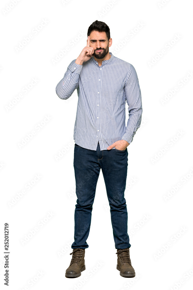 Full-length shot of Elegant man with shirt having doubts and thinking on isolated white background