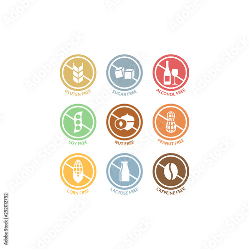 Sugar, alcohol, peanut free colorful circle label set. Food ingredients lactose, gluten free badge stamp set in color.