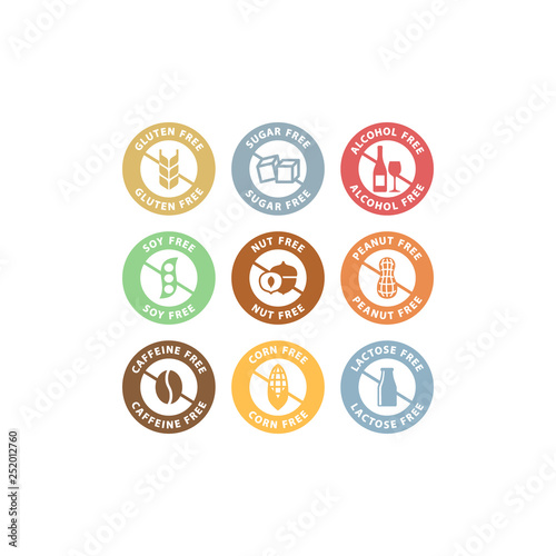 Sugar, alcohol, peanut free colorful circle label set. Food ingredients lactose, gluten free badge stamp set in color.