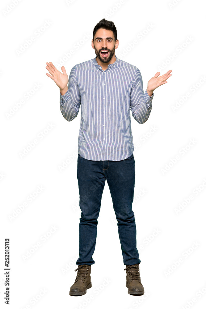 Full-length shot of Elegant man with shirt with surprise and shocked facial expression on isolated white background