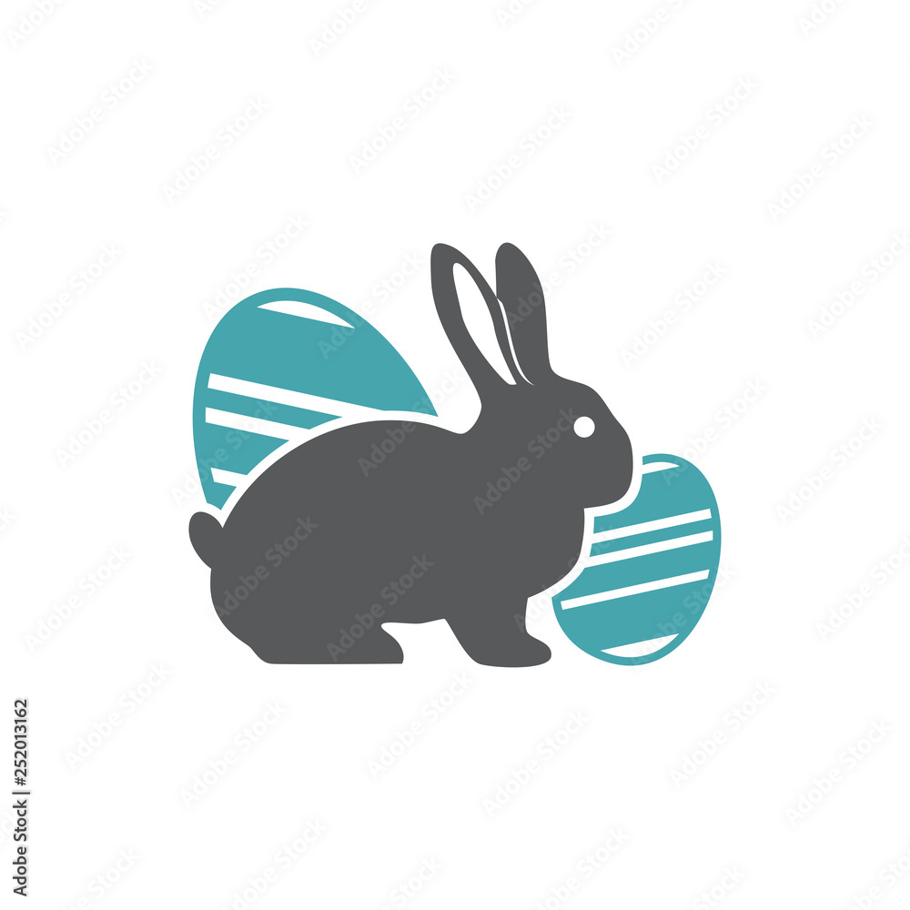 Obraz premium The vector illustration a rabbit sits a splitting off of two Easter eggs. Set of two vector icons. Easter symbol a rabbit and beautifully chiken eggs. Flat design Monochrome