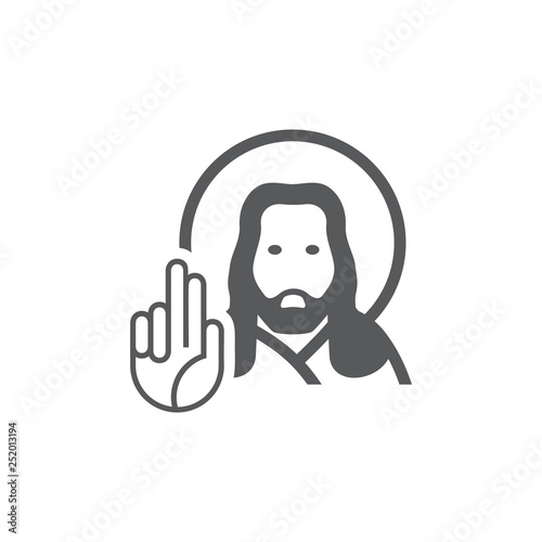 The vector illustration Jesus blesses with a hand. Set of two vector icons. Blessing from the son Bozhego Jesus. Flat design Monochrome