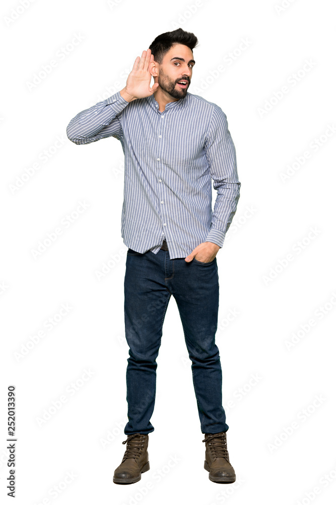 Full-length shot of Elegant man with shirt listening to something by putting hand on the ear on isolated white background Full-length shot of Elegant man with shirt listening to something by putting hand on the ear on isolated white background