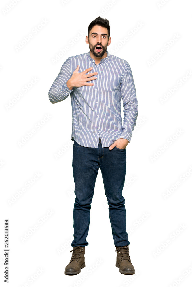 Full-length shot of Elegant man with shirt surprised and shocked while looking right on isolated white background Full-length shot of Elegant man with shirt surprised and shocked while looking right on isolated white background