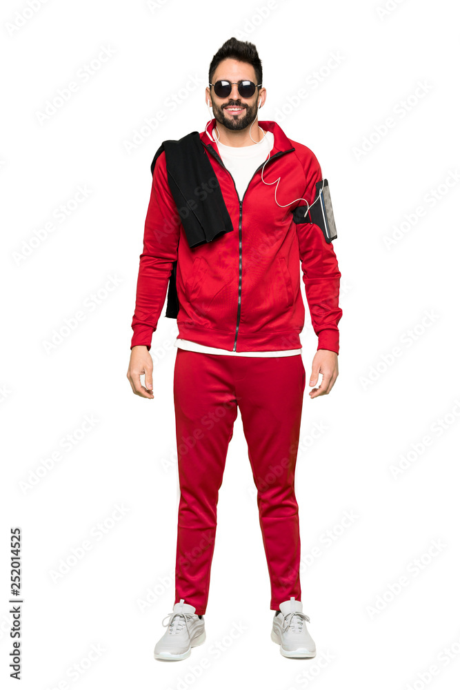 Full-length shot of Handsome sportman with glasses and happy on isolated white background Full-length shot of Handsome sportman with glasses and happy on isolated white background