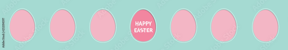 Happy Easter text. Painted egg frame set line. Window template. Dash line contour. Greeting card. Blue pastel color background. Flat design.