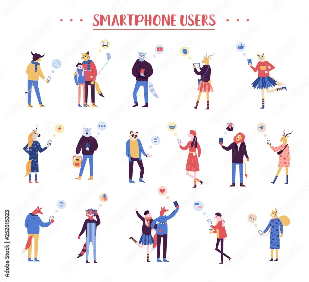 Group of male and female cartoon illustration. Characters holding smartphones and texting, taking selfie, talking, listening to music design. Vector flat Crowd of young men and women with mobile