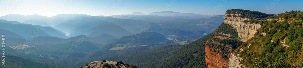 Tavertet, Catalonia / Spain - Feb 23, 2019: Panoramic view over the Sau Reservoir area from the Tavertet lookout
