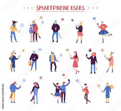 Group of male and female cartoon illustration. Characters holding smartphones and texting, taking selfie, talking, listening to music design. Vector flat Crowd of young men and women with mobile