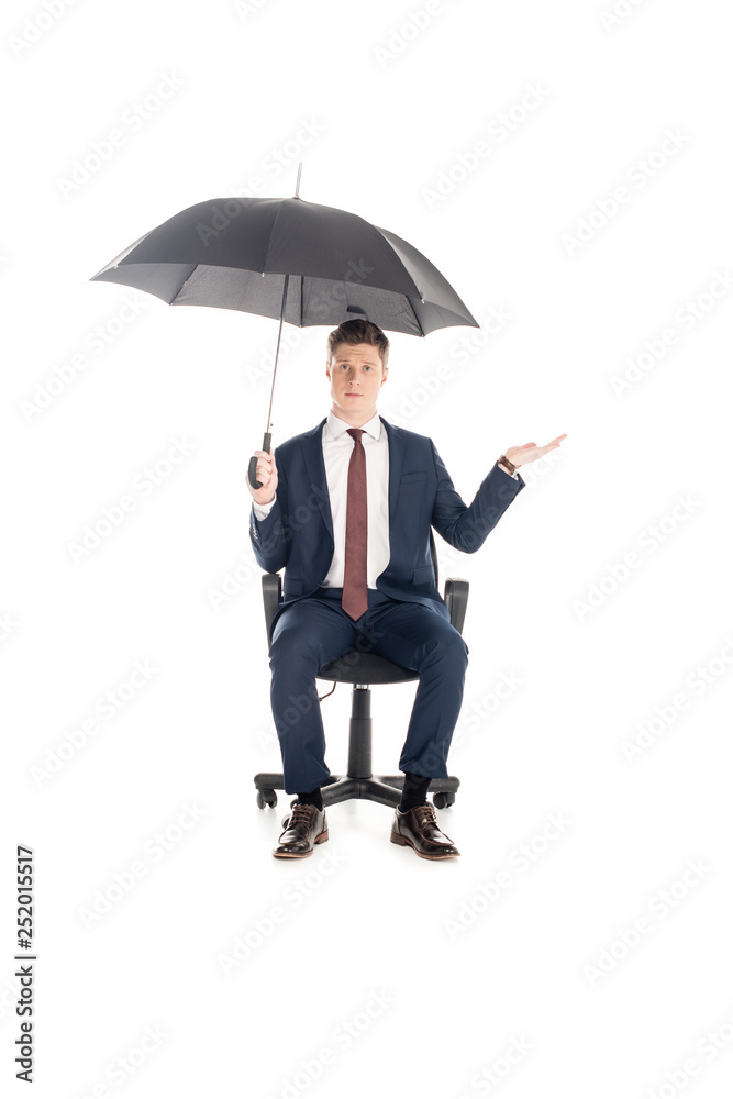 confident businessman with umbrella sitting on chair and checking rain, isolated on white confident businessman with umbrella sitting on chair and checking rain, isolated on white
