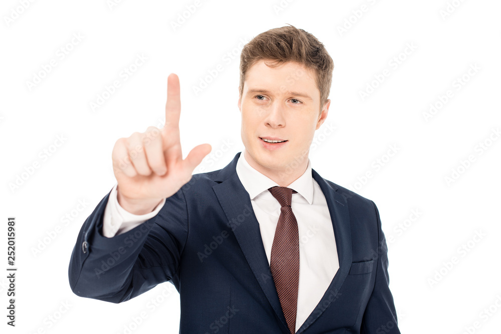 handsome businessman touching something isolated on white handsome businessman touching something isolated on white