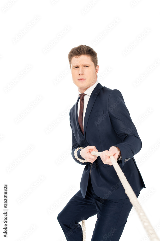 young male leader pulling rope isolated on white young male leader pulling rope isolated on white