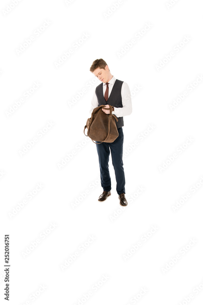 stylish young businessman holding bag isolated on white stylish young businessman holding bag isolated on white