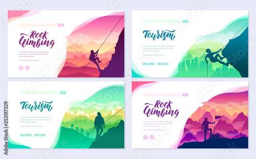 climber climbs the mountain brochure cards set. Extreme lifestyle of rock climbers template of flyear, web banner, ui header, enter site. Tourist hiking layout modern slider page photo