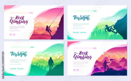 climber climbs the mountain brochure cards set. Extreme lifestyle of rock climbers template of flyear, web banner, ui header, enter site. Tourist hiking layout modern slider page
